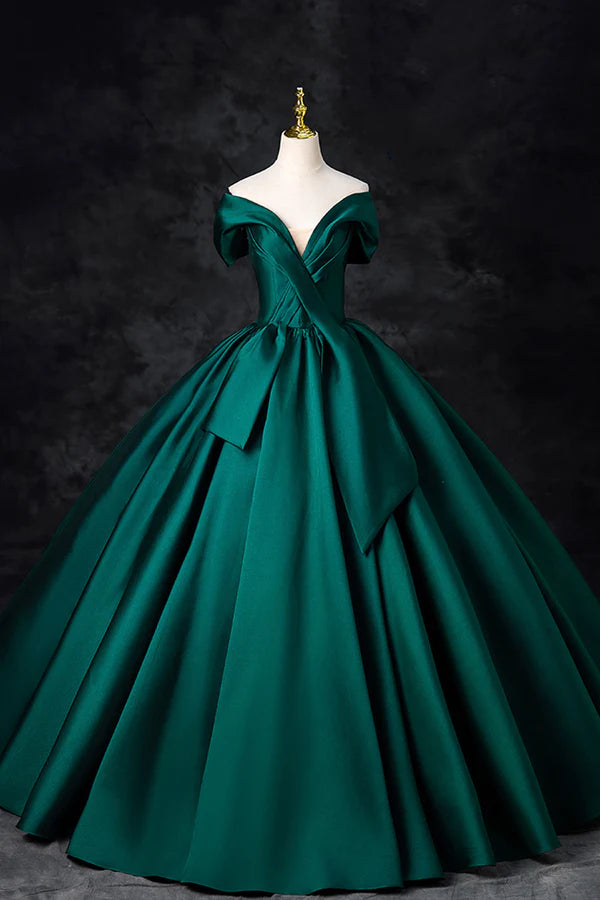 Wholesale Green Satin Floor Length A-Line Formal Dress Beautiful V-Neck Evening Party Dress